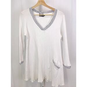 FENINI Size M Thermal Knit V-Neck Top 3/4 Sleeve Cotton Waffle White Navy Blue